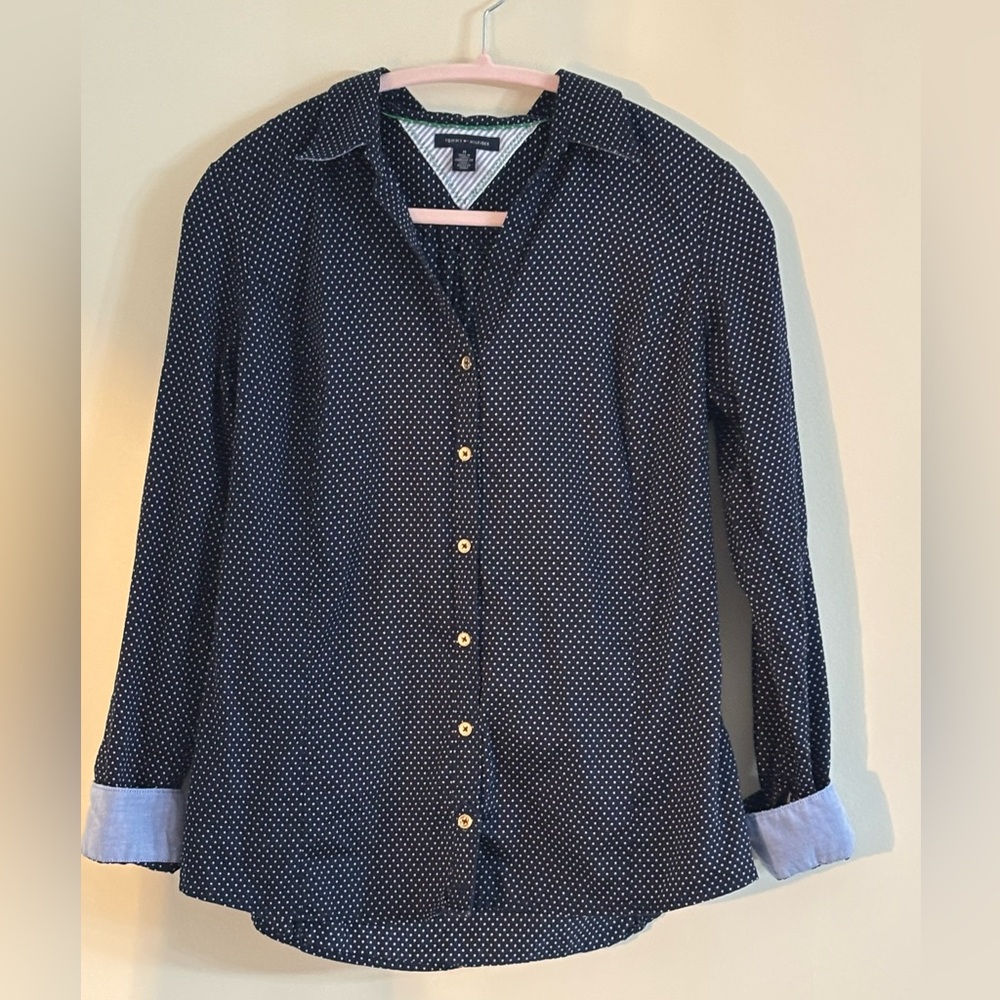 Tommy Hilfiger V Neck Navy with White Polka Dots Long Sleeved Shirt Size M